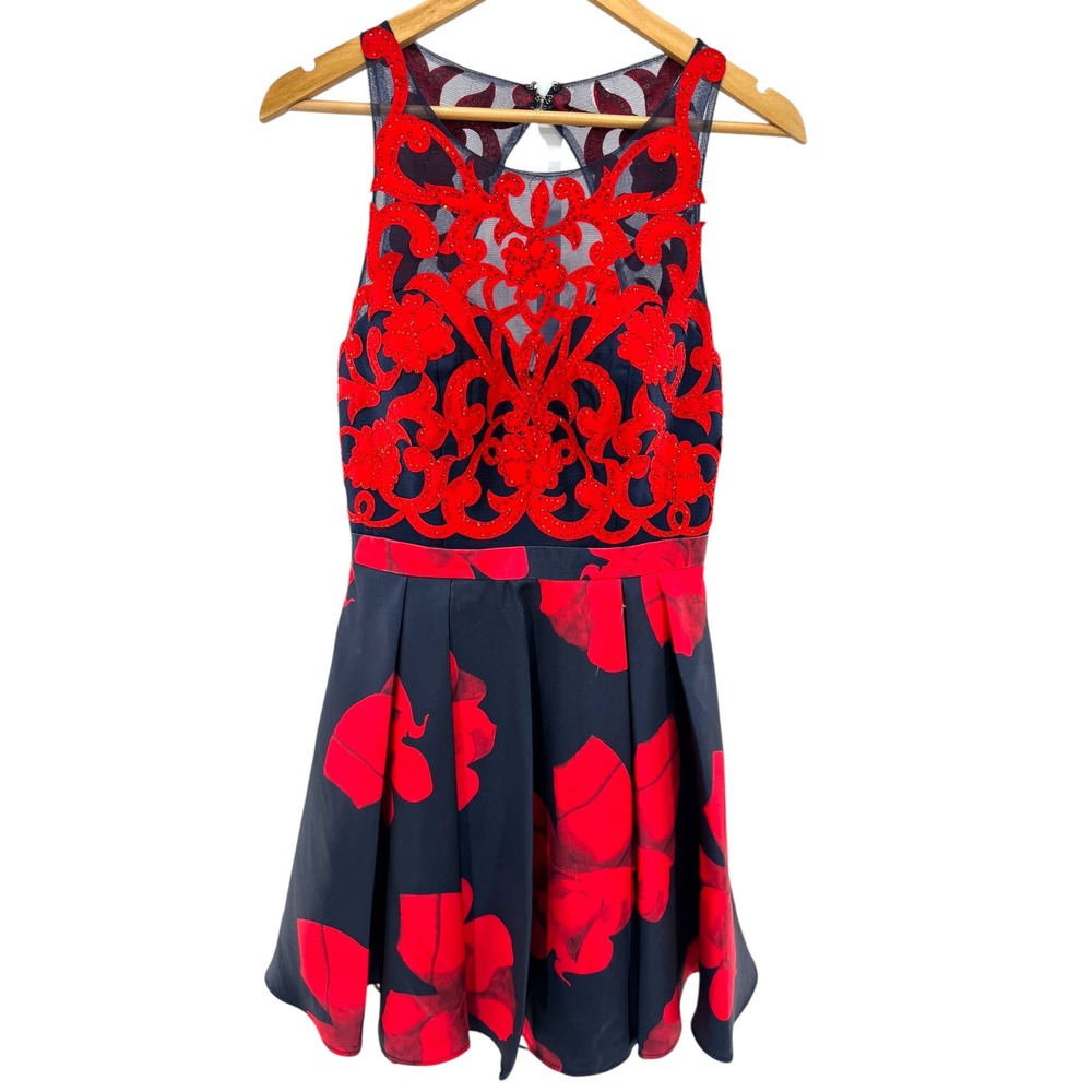 Glamour by Terani‎ Couture Red Navy Floral Embellished Fit Flare Dress 10 NWT